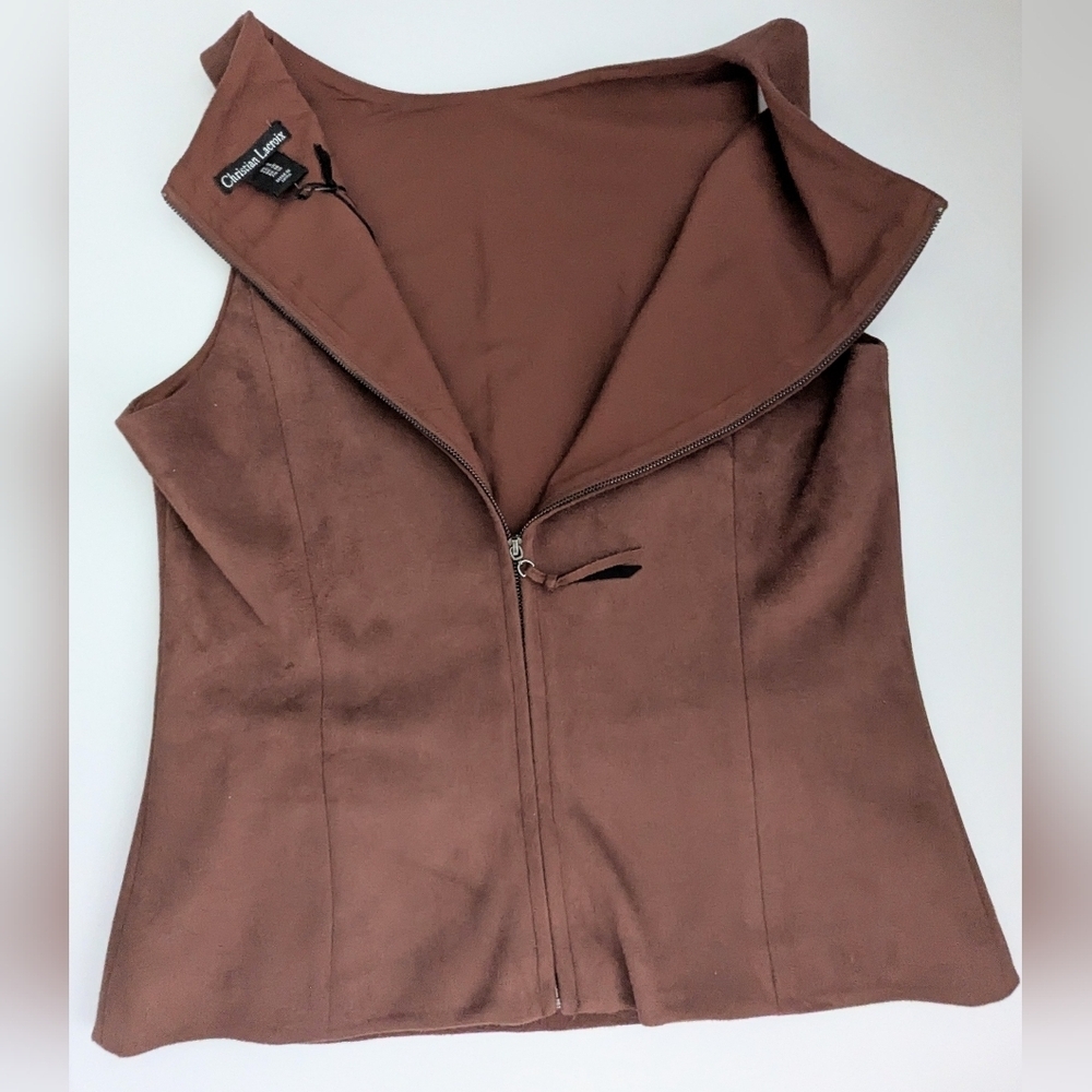 NWT Christian Lacroix Women's (Size 6) Brown Suede Zip-Back Sleeveless Top/Vest - Picture 3 of 12